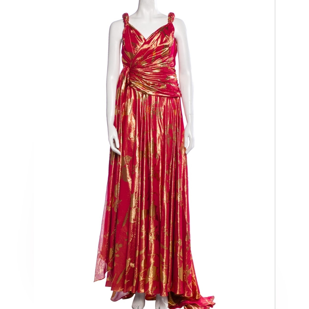 *$8,000 NWT OSCAR DE LA RENTA RED ORANGE GOLD SILK RUNWAY GOWN US 0 XS - Picture 3 of 11